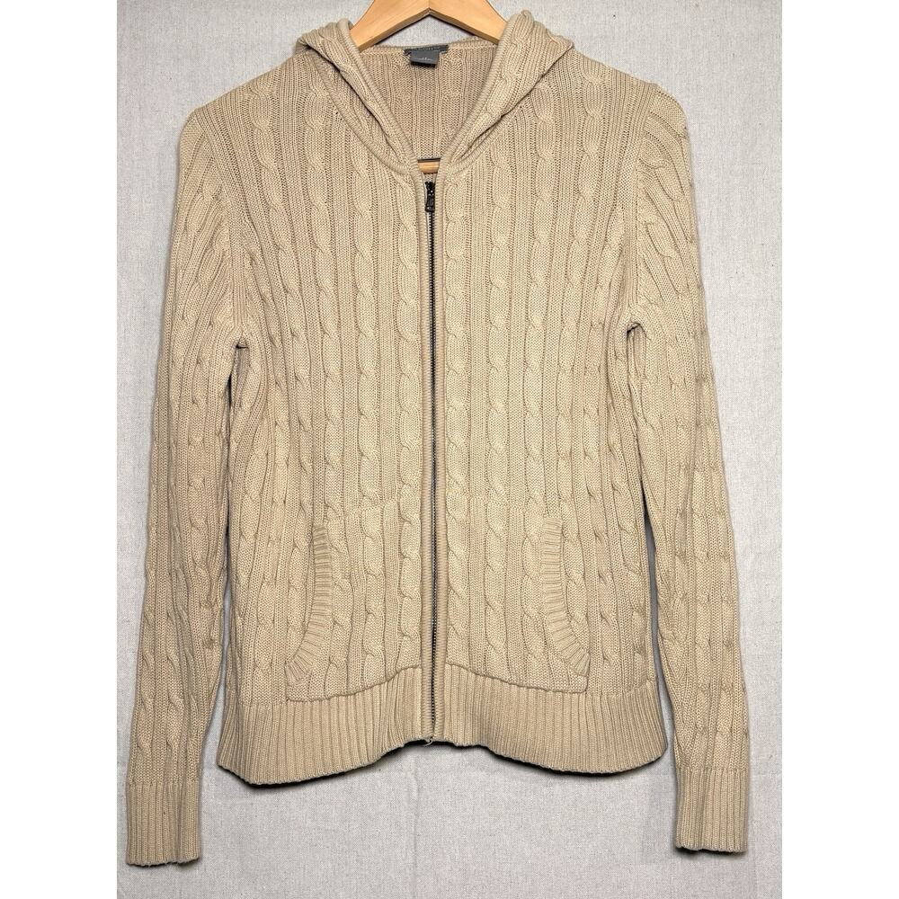 Ann Taylor Womens Y2K Full Zip Cable Knit Hooded Sweater Sz L Petite Preppy 90s